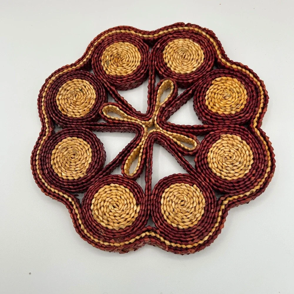 Vintage 70s Boho Woven Straw Trivet Set Floral Raffia Hot Pads Orange Red 3pc